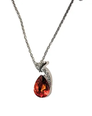 ORANGE PEAR Shaped Beveled Glass Stone JEWELRY SET with NECKLACE (15" L, Jeweled Side "Swirl" Accent Pendant + Silver Tone...