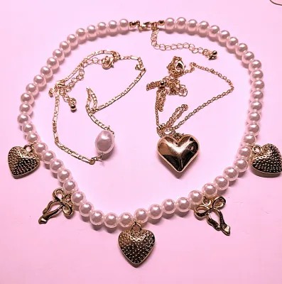 Triple NECKLACES "HEARTS & PEARLS" JEWELRY SET (1. 16" L, Faux Pearls, Hearts + Gold Tone Lobster Clasp)(2. 18"...
