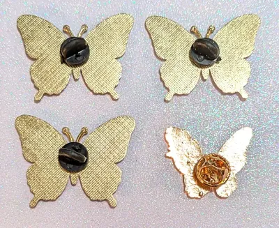 ***NEW ARRIVAL*** Collection of 4 PINS--"Assortment of BUTTERFLIES" (1½") with Red/Black/Blue Colors" etc. on a Gold...