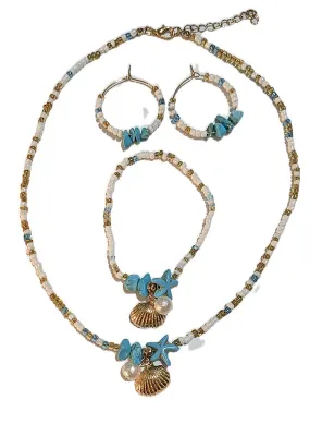 *** NEW ARRIVAL *** Colorful Beaded SEASHORE JEWELRY SET with NECKLACE (15" L + Turquoise Starfish + MATCHING STRETCH BRACELET...