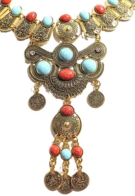 *** NEW ARRIVAL *** Beautiful Showy TURQUISE-Style RED & BLUE Oval Stones JEWELRY SET with Choker NECKLACE (12" L + Gold Tone...