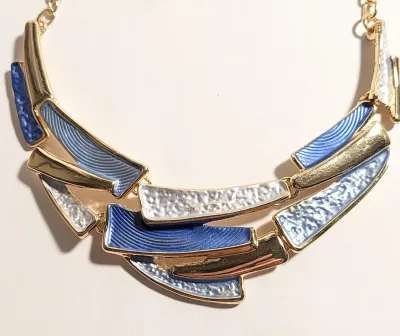 *** NEW ARRIVAL *** BLUE & Gold "ENAMEL SLICES" JEWELRY SET with Choker NECKLACE (12" L + Gold Tone Chain/Lobster...