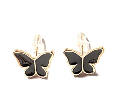 ***NEW ARRIVAL ***Enameled BLACK BUTTERFLY JEWELRY SET/NECKLACE (16" L+Gold Colored Edged Small Butterfly+Gold Tone...