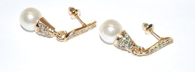 White Faux Pearls NECKLACE (15" L) & EARRINGS JEWELRY SET with Bejeweled Single Pearl Banner, Bejeweled Spacers, Gold Tone...