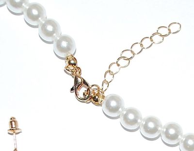 White Faux Pearls NECKLACE (15" L) & EARRINGS JEWELRY SET with Bejeweled Single Pearl Banner, Bejeweled Spacers, Gold Tone...