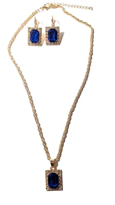 NEW ARRIVAL *** Deep BLUE Beveled Rectangle Stones JEWELRY SET with Choker NECKLACE (15" L +PENDANT+ Single BLUE Stone, Surround,...
