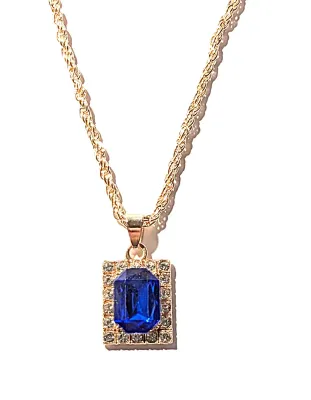NEW ARRIVAL *** Deep BLUE Beveled Rectangle Stones JEWELRY SET with Choker NECKLACE (15" L +PENDANT+ Single BLUE Stone, Surround,...
