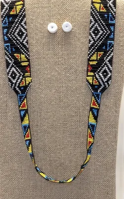 Beautiful Tribal-Style ALL BEADED Multicolor JEWELRY SET with Reversable NECKLACE (36" L) and Black & Blue EARRINGS with Wire...