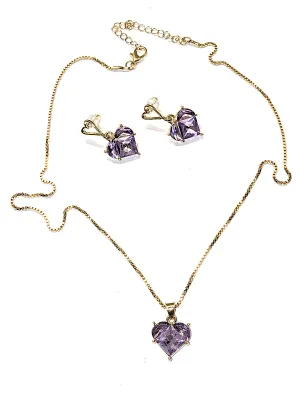 PURPLE HEART JEWELRY SET with NECKLACE (20" L, Beveled Glass Heart + Gold Tone Chain/Lobster Clasp) and MATCHING EARRINGS with Stud...
