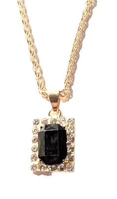 NEW ARRIVAL *** BLACK Beveled Rectangle Stones JEWELRY SET with Choker NECKLACE (15" L +PENDANT+ Single BLACK Stone, Surround, Gold...