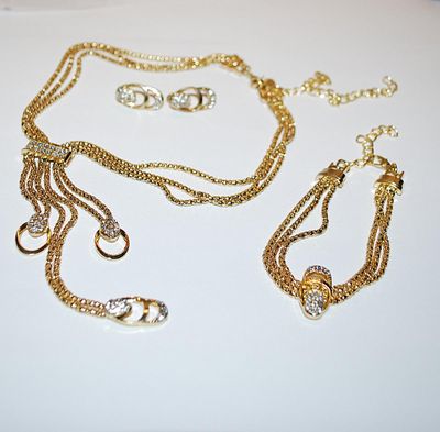 Beautiful Gold Colored Bejeweled 6-Strand DANGLES NECKLACE (22" L + Lobster Clasp) JEWELRY SET with Matching BRACELET (2-3"...