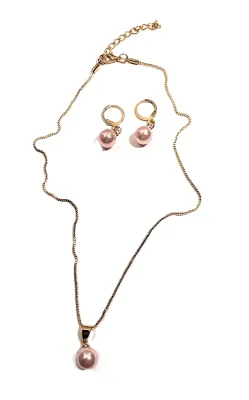 Delicate Single Faux PINK PEARL JEWELRY SET with NECKLACE (16"-17" L, Pearl Pendant + GOLD Tone Tiny Links Chain/Lobster Clasp)...