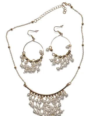 Dangle PEARLS JEWELRY SET with BAR NECKLACE (17" L + Lobster Clasp) with MATCHING Circle EARRINGS and Wire Hook Clasp