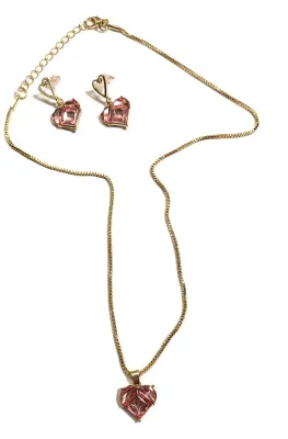 Single PINK HEART Beveled STONE JEWELRY SET with NECKLACE (18" L + GOLD Tone Chain/Lobster Clasp) and MATCHING EARRINGS with STUD...