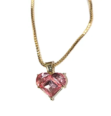 Single PINK HEART Beveled STONE JEWELRY SET with NECKLACE (18" L + GOLD Tone Chain/Lobster Clasp) and MATCHING EARRINGS with STUD...