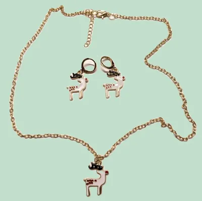 Christmas Holiday REINDEER Enameled NECKLACE (20" L + Pendant Combo) JEWELRY SET with MATCHING EARRINGS with Circle Snap-Close Clasp