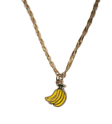 Yellow & Green "BANANA BUNCH" JEWELRY SET with NECKLACE (15" L + Enameled PENDANT + GOLD Tone Chain/Lobster Clasp) and...
