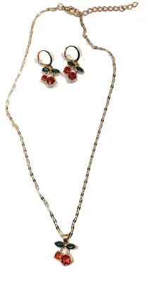 Delicate "RED Cherries" JEWELRY SET with NECKLACE (17" L, Red Stone and Green Stone Leaves Pendant + GOLD Tone...