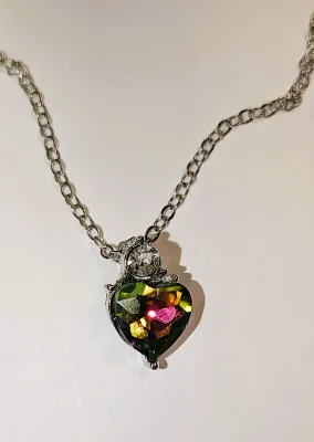 Delicate Single IRIDESCENT HEART STONE JEWELRY SET with NECKLACE (18" L + Heart Shaped Stone/Round Clear Stone Accent PENDANT+...