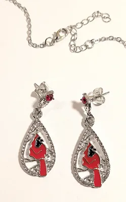 RED CARDINAL JEWELRY SET with NECKLACE (18" L + Enameled Pear Shape PENDANT + SILVER Tone Setting/Chain/Lobster Clasp) and MATCHING...