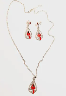 RED CARDINAL JEWELRY SET with NECKLACE (18" L + Enameled Pear Shape PENDANT + SILVER Tone Setting/Chain/Lobster Clasp) and MATCHING...