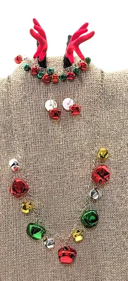Fun CHRISTMAS HOLIDAY BELLS JEWELRY SET with NECKLACE (Silver Tone 18" L) & BRACELET (Silver Tone, 2"-4" Opening)...