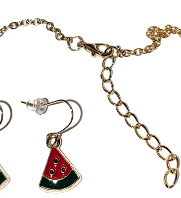 Fun GREEN & RED PIZZA JEWELRY SET with NECKLACE (Gold Tone + 18" L + Lobster Clasp) and MATCHING EARRINGS with Wire Hook Clasp