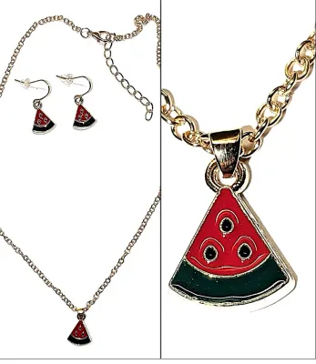 Fun GREEN & RED PIZZA JEWELRY SET with NECKLACE (Gold Tone + 18" L + Lobster Clasp) and MATCHING EARRINGS with Wire Hook Clasp
