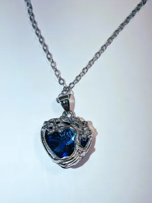 "TREE COVERED BLUE HEART STONE" JEWELRY SET with NECKLACE (17" L, Blue Stones Pendant + SILVER Tone Chain/Lobster Clasp)...