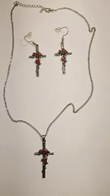 "ROSES ON A CROSS" JEWELRY SET with NECKLACE (18" L + Red Roses & Stems PENDANT + SILVER Tone Chain/Lobster Clasp) and...