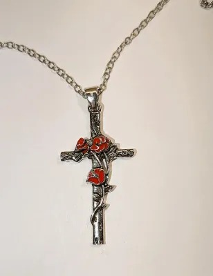 "ROSES ON A CROSS" JEWELRY SET with NECKLACE (18" L + Red Roses & Stems PENDANT + SILVER Tone Chain/Lobster Clasp) and...