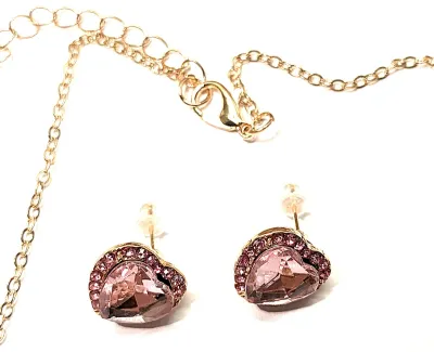 PINK HEART BEJEWELED JEWELRY SET with NECKLACE (16" L + Jeweled Surround Heart Pendant + Gold Tone Chain/Lobster Clasp) &...