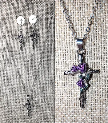 Delicate "PURPLE & GREEN Enameled CROSS JEWELRY SET with NECKLACE (18"-19" L + "Tulips and Leaves" Pendant +...
