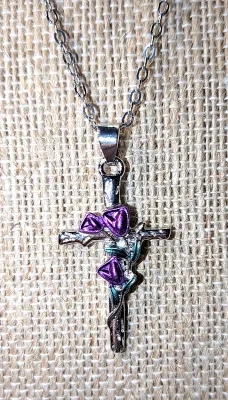 Delicate "PURPLE & GREEN Enameled CROSS JEWELRY SET with NECKLACE (18"-19" L + "Tulips and Leaves" Pendant +...