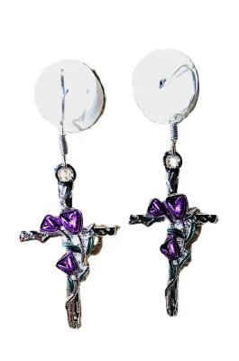 Delicate "PURPLE & GREEN Enameled CROSS JEWELRY SET with NECKLACE (18"-19" L + "Tulips and Leaves" Pendant +...