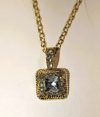 Large Clear Stone SQUARE JEWELRY SET with NECKLACE (16" L + Square Setting with Gold Colored Surround PENDANT + GOLD Tone...