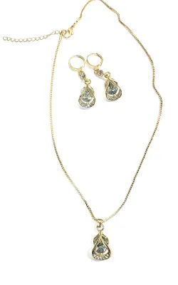 Drop LIGHT BLUE Beveled & Jeweled JEWELRY SET with NECKLACE (16" L, Pendant + GOLD Tone Chain/Lobster Clasp) and MATCHING...