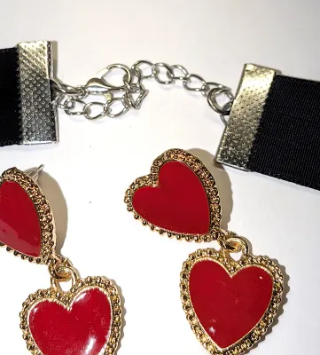 Large Cranberry RED GLASS HEART JEWELRY SET with CHOKER NECKLACE (12" L, Glass Heart Pendant + Black Cloth "Cord", Silver...