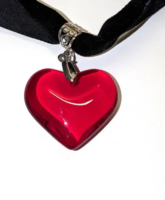 Large Cranberry RED GLASS HEART JEWELRY SET with CHOKER NECKLACE (12" L, Glass Heart Pendant + Black Cloth "Cord", Silver...