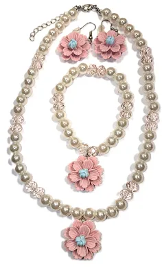 Pink & Blue Composite "FLOWERS & PEARLS" JEWELRY SET with NECKLACE (15" L + MATCHING STRETCH BRACELET (2¾"...