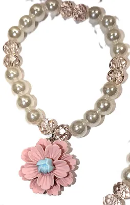 Pink & Blue Composite "FLOWERS & PEARLS" JEWELRY SET with NECKLACE (15" L + MATCHING STRETCH BRACELET (2¾"...