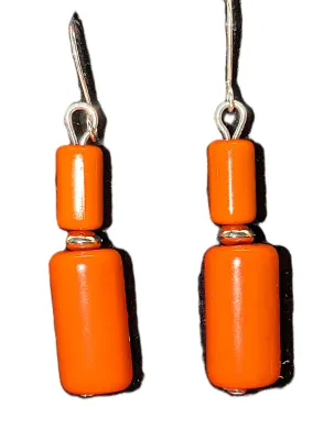 Showy Bright ORANGE Colored "BARREL BEADS" JEWELRY SET with NECKLACE (24" L + 3 Strands + Large Silver Tone Lobster Clasp)...