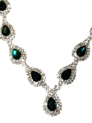 Beautiful Bejeweled GREEN TEARDROP STONES JEWELRY SET with NECKLACE (Silver Tone + 18" L + Lobster Clasp) and Matching Jeweled...