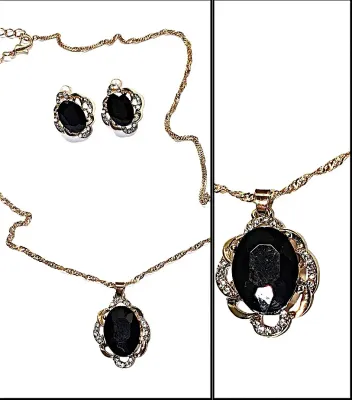 Large BLACK OVAL BEVELED STONE JEWELRY SET with NECKLACE (18" L, Jeweled Surround + Twisted Gold Tone Chain/Lobster Clasp) and...