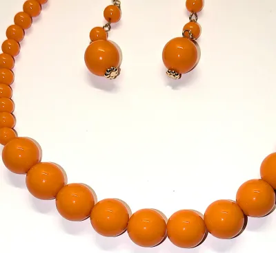 ORANGE GLOBES JEWELRY SET with CHOKER NECKLACE (14" L+ Gold Tone Lobster Clasp) and MATCHING EARRINGS with Wire Hook Clasp