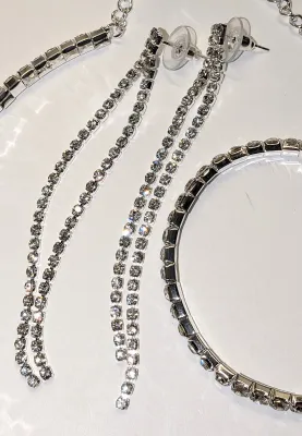 Silver Colored BEJEWELED STIFF Choker JEWELRY SET with NECKLACE (Fixed 4¼" Opening + Lobster Clasp) & BRACELET (Stretch, 2"...