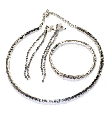 Silver Colored BEJEWELED STIFF Choker JEWELRY SET with NECKLACE (Fixed 4¼" Opening + Lobster Clasp) & BRACELET (Stretch, 2"...