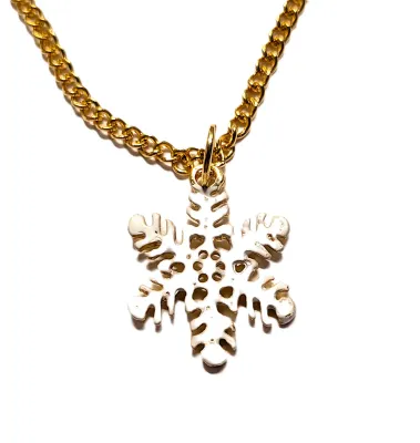 WHITE SNOWFLAKE JEWELRY SET with Gold Tone Chain NECKLACE (17" L + Lobster Clasp) and MATCHING EARRINGS with Wire Hook Clasp
