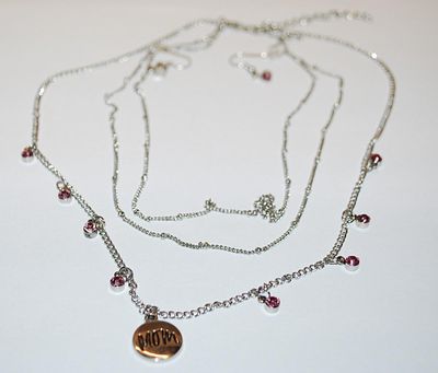 Beautiful Delicate 3-Strand Silver Colored Choker NECKLACE with 8 PINK Stones (16" L) JEWELRY SET with Small "MOM"...
