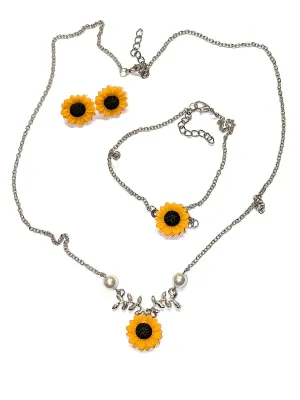 Silver Colored Chain "PEARLS & FLOWERS" JEWELRY SET with NECKLACE (24" L + Acrylic Flower + Double Faux Pearls +...